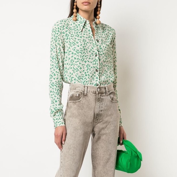 Ganni Leap Print Crepe Shirt Button Down Blouse Green Long Sleeve Ivory - Picture 2 of 6
